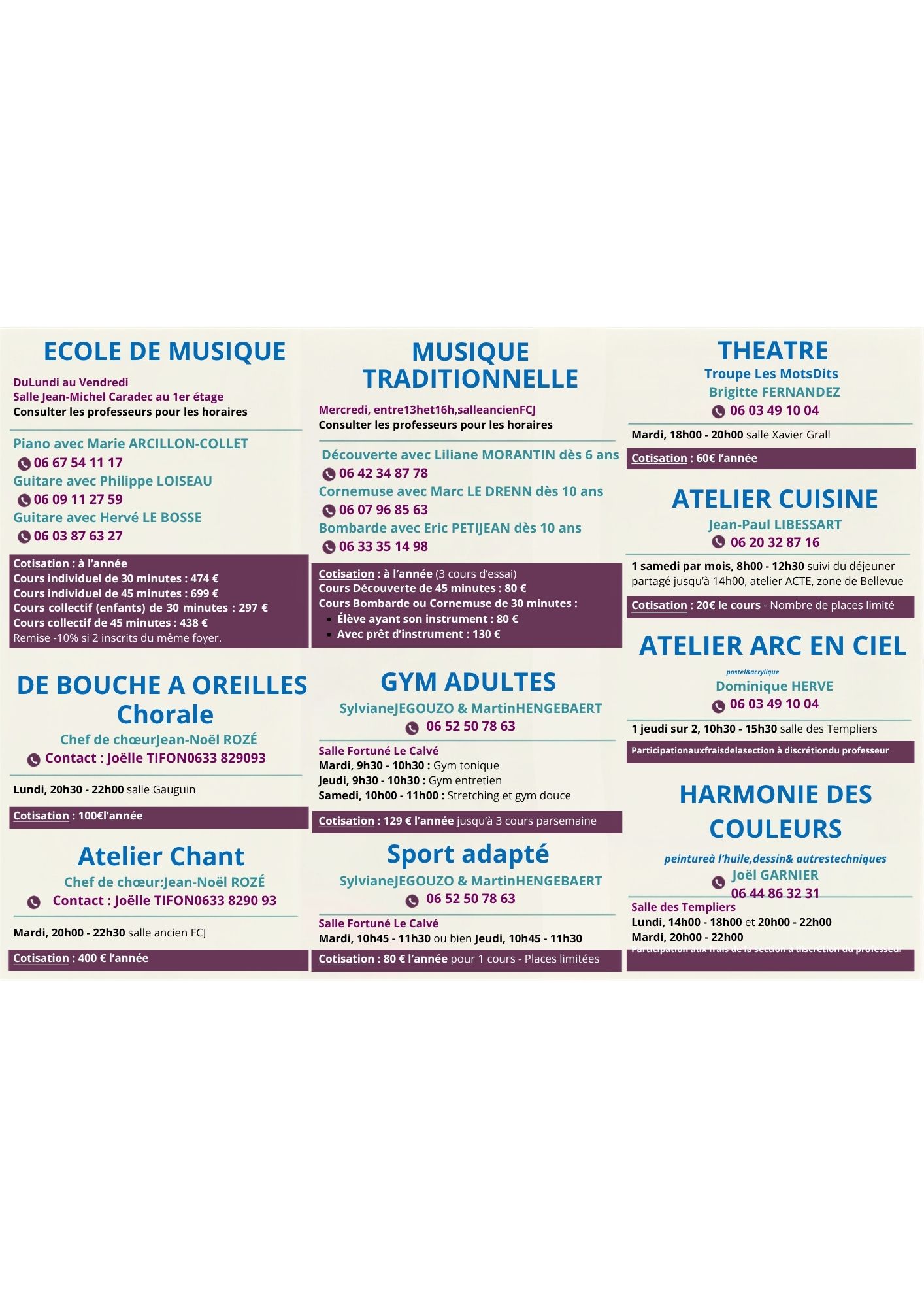Activités et horaires